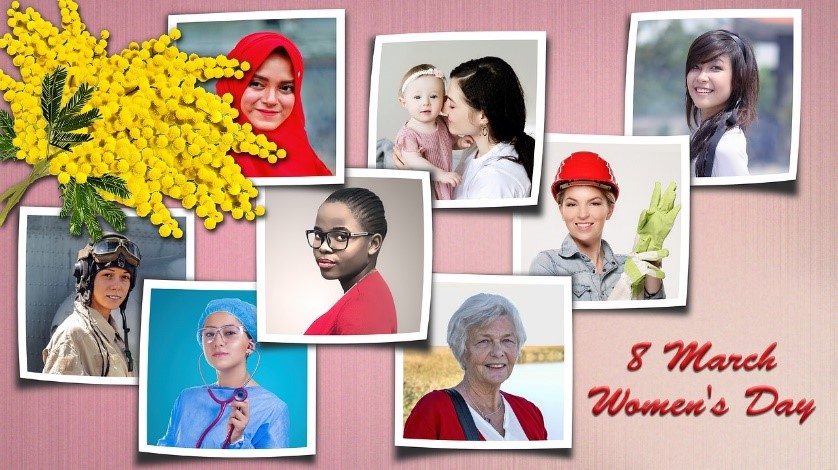 Bild zum internationalen Frauentag. Mit Fotos von unterschiedlichen Frauen